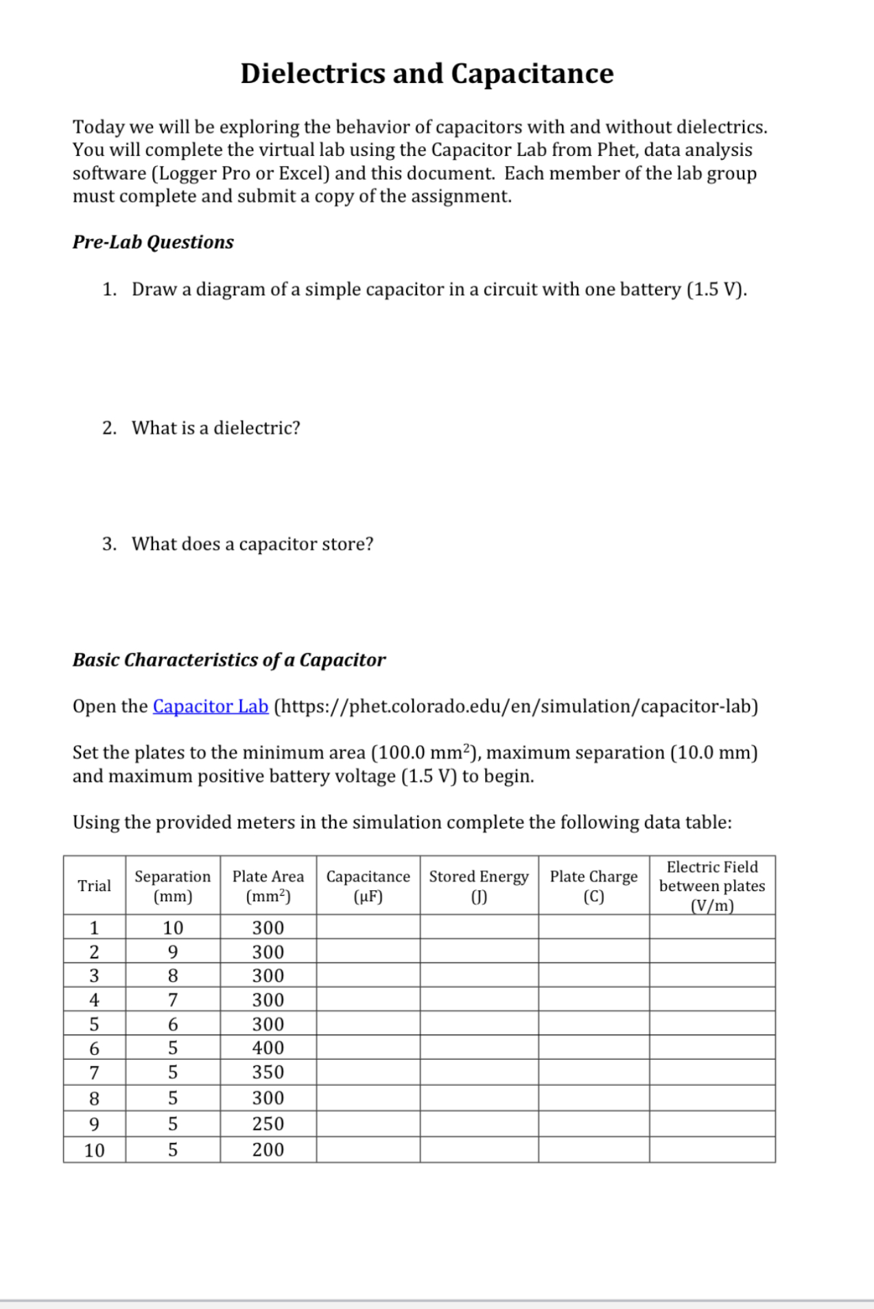  Dielectrics and Capacitance Today we will be exploring the behavior of