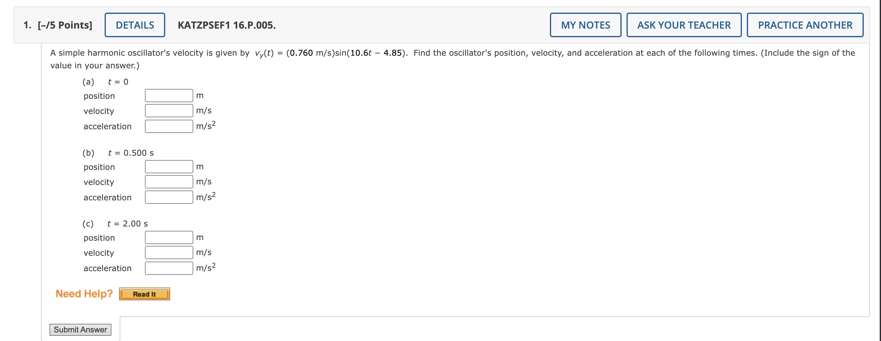  1. [-/5 Points] DETAILS KATZPSEF1 16.P.005. MY NOTES ASK YOUR TEACHER