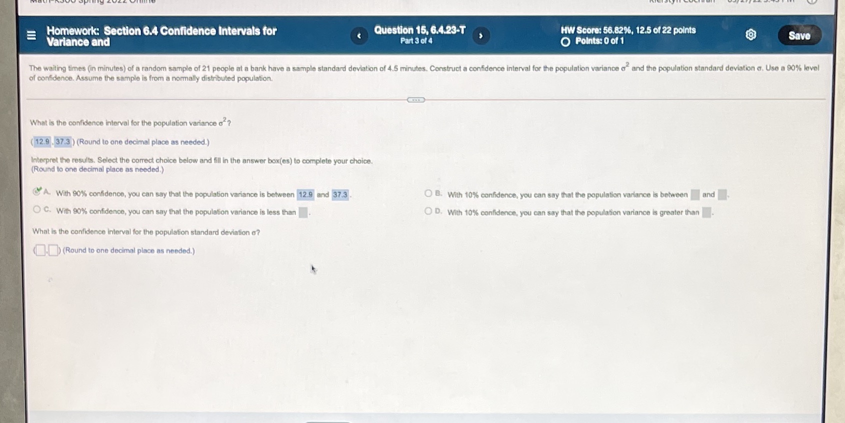 #15 E Homework: Section 6.4 Confidence Intervals for Question 15, 6.4.23-T HW