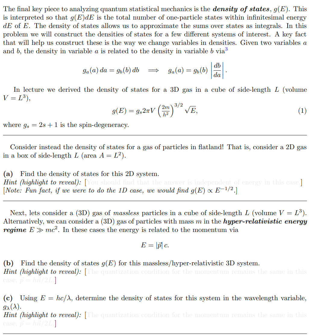 Please help with the stat-mech question below: The nal key piece to