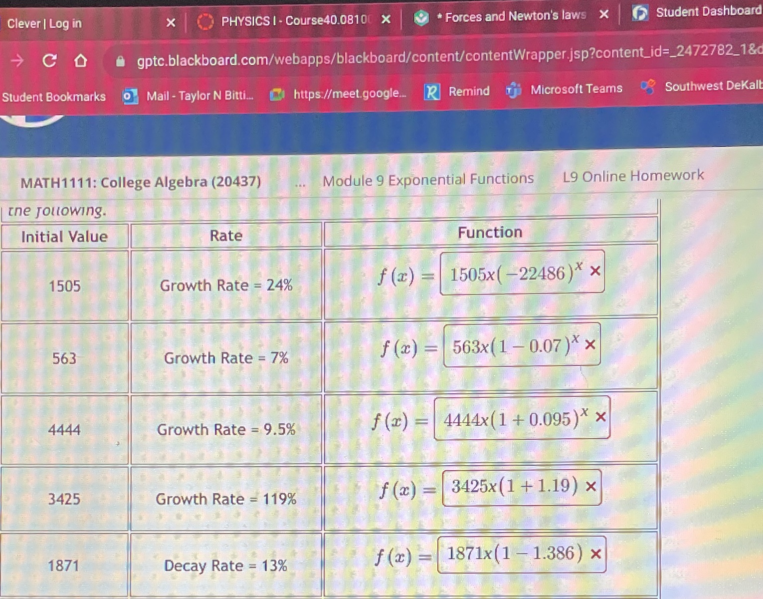 Given the initial value and rate of change, write the exponential function