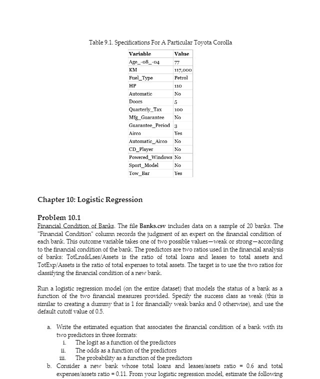  Table 9.1. Specifications For A Particular Toyota Corolla Variable Value Age_-08_-D4