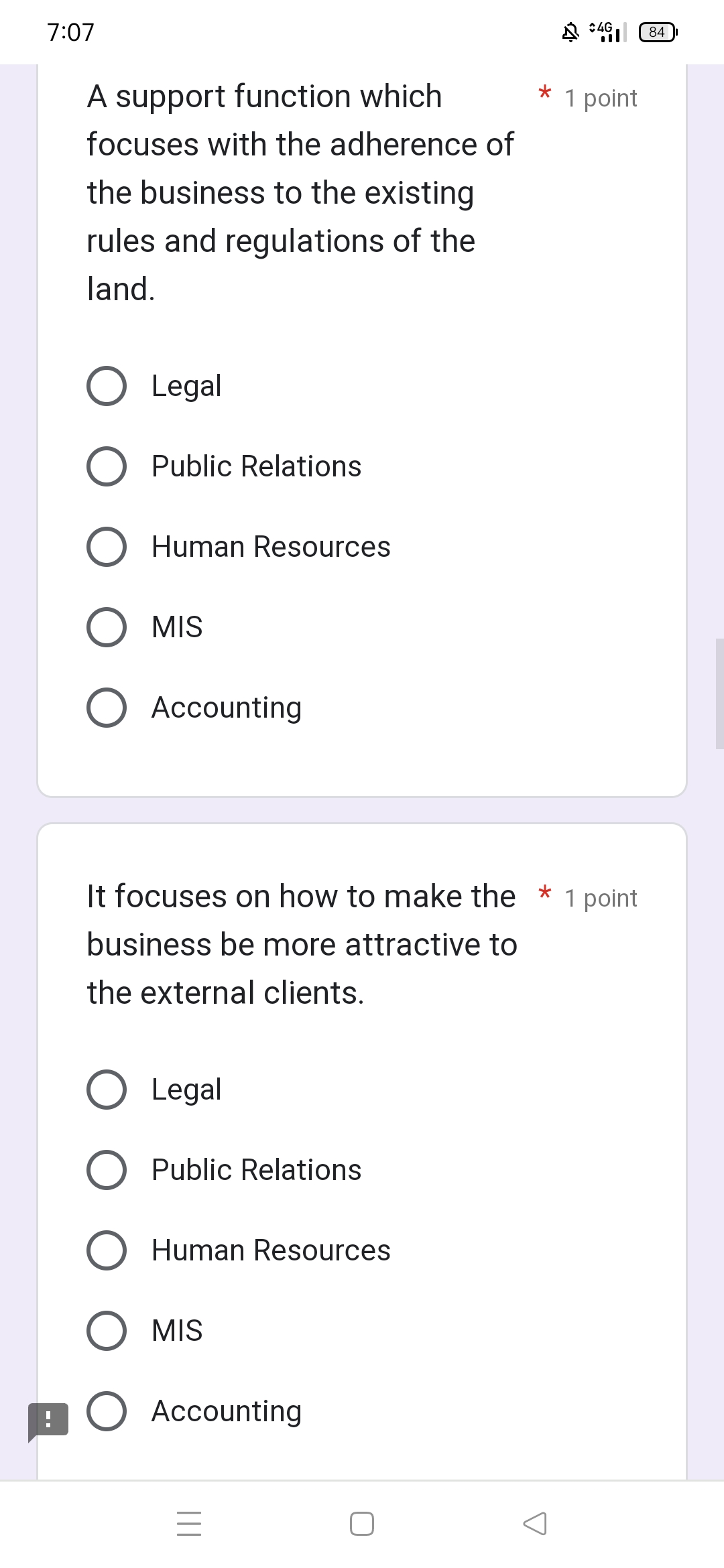 III C] A 7:06 84 Providing service and * 1 point production