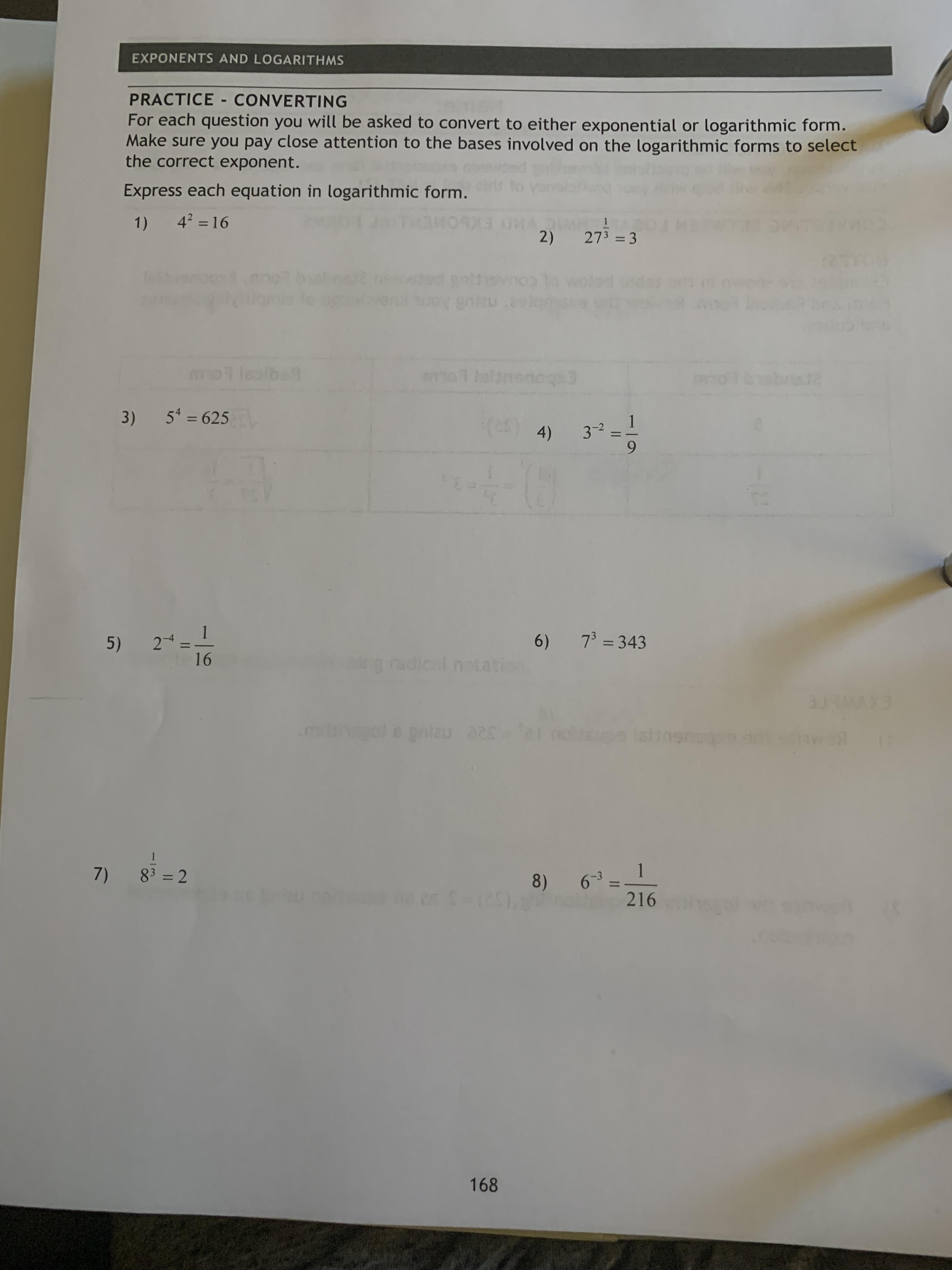 Pre Calculus Algebra EXPONENTS AND LOGARITHMS PRACTICE - CONVERTING For each question