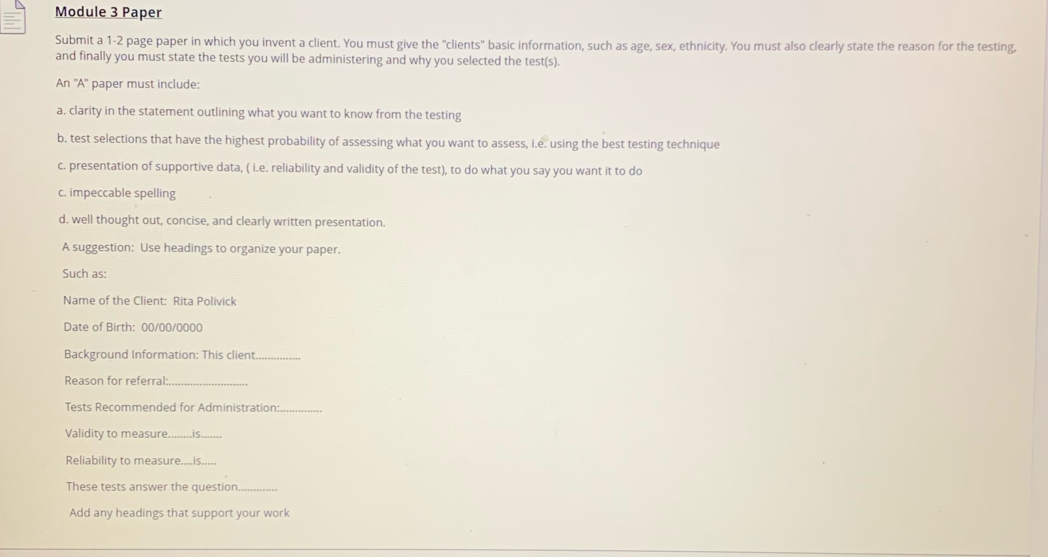 Module 3 Paper Submit a 1-2 page paper in which you