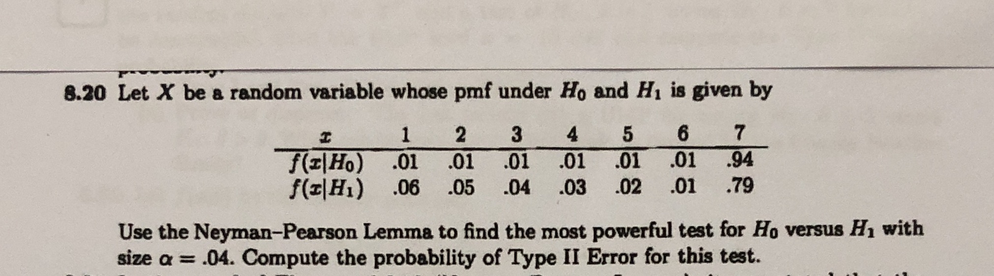  8.20 Let X be a random variable whose pmf under Ho