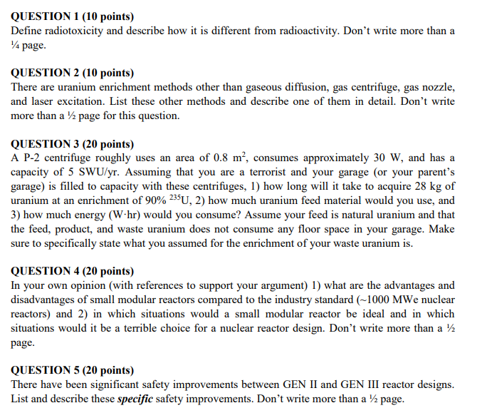  QUESTIDN 1 {it} points} Define radiotoxicity and describe how it is