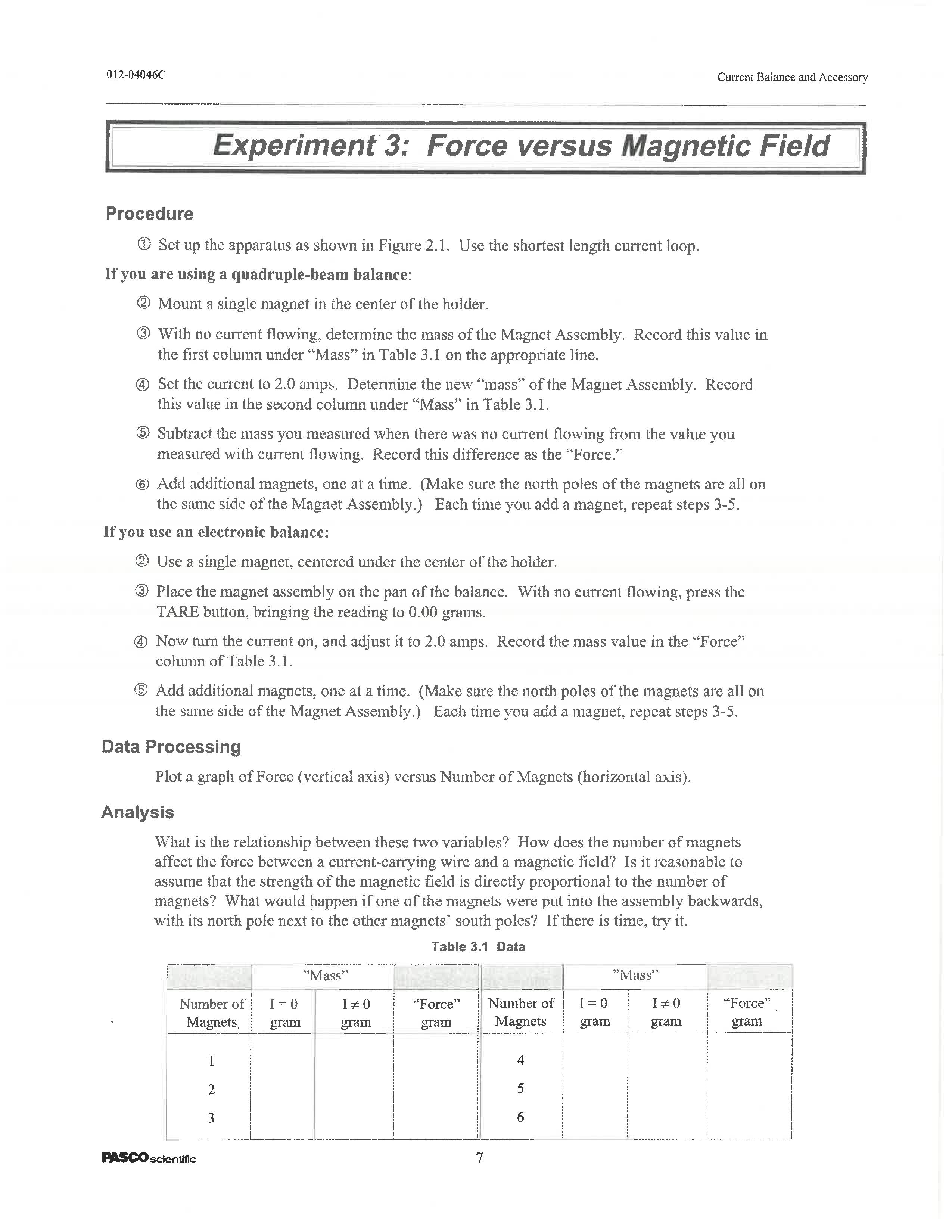 012-04046C Current Balance and Accessory | Experiment 3: Force versus Magnetic