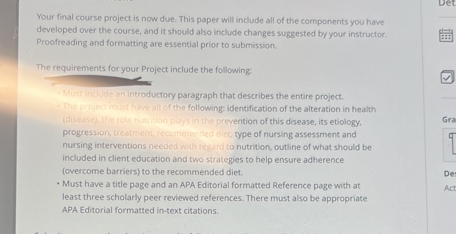 Your final course project is now due. This paper will include all
