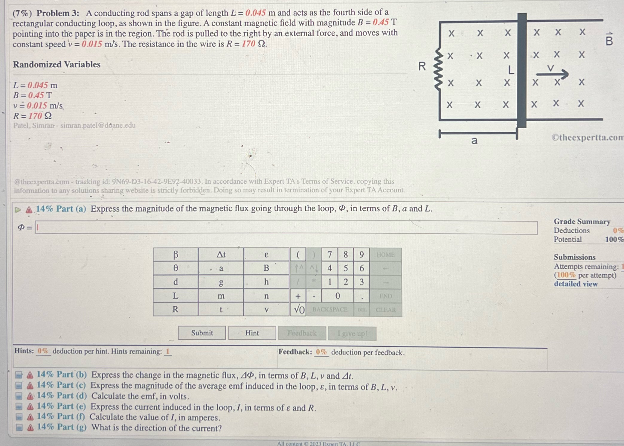 #3 answer all parts please (7%) Problem 3: A conducting rod spans