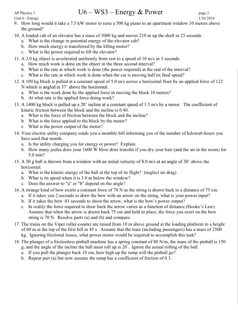 I need all parts AP Physics 1 U6 - WS3 - Energy