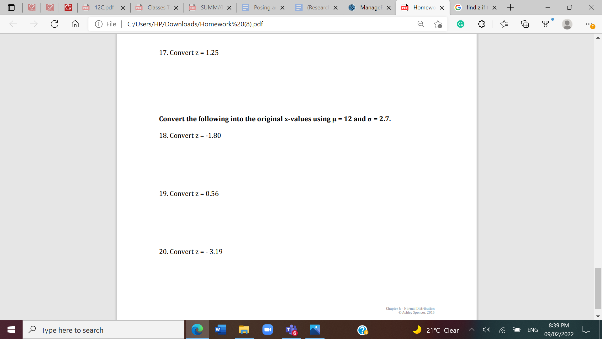 area. 1. Find z if the normal curve area to the left