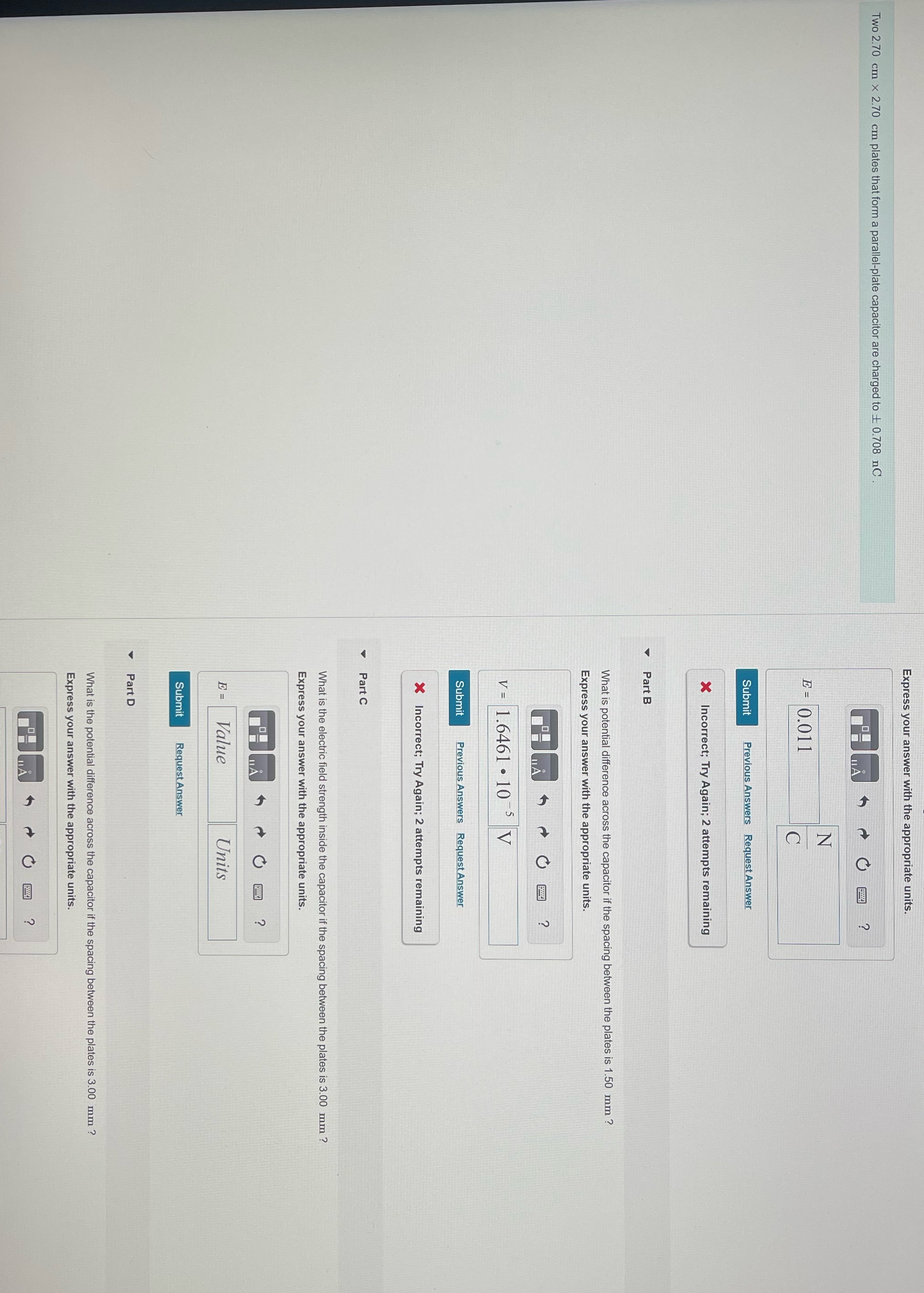 Two 2.70cm plates that form a parallel-plate capacitor are charged to +\-