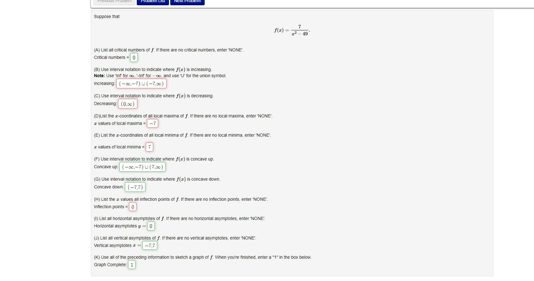  Problem Suppose that 7 f(z) = 12 - 49 (A) List