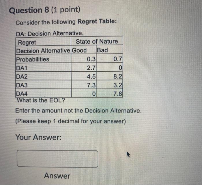  Question 8 (1 point) Consider the following Regret Table: DA: Decision