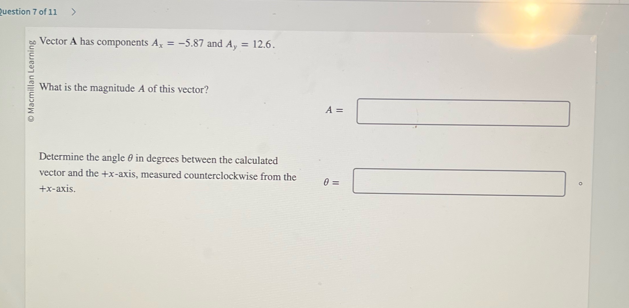  Question 7 of 11 Vector A has components Ax = -5.87