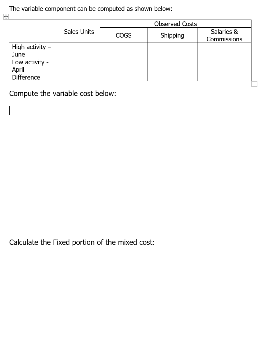 The variable component can be computed as shown below: Sales Units