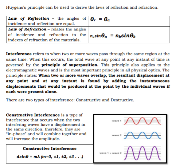 following: Interference DiffractionHuygens's principle: Huygens's principle states that if the position of