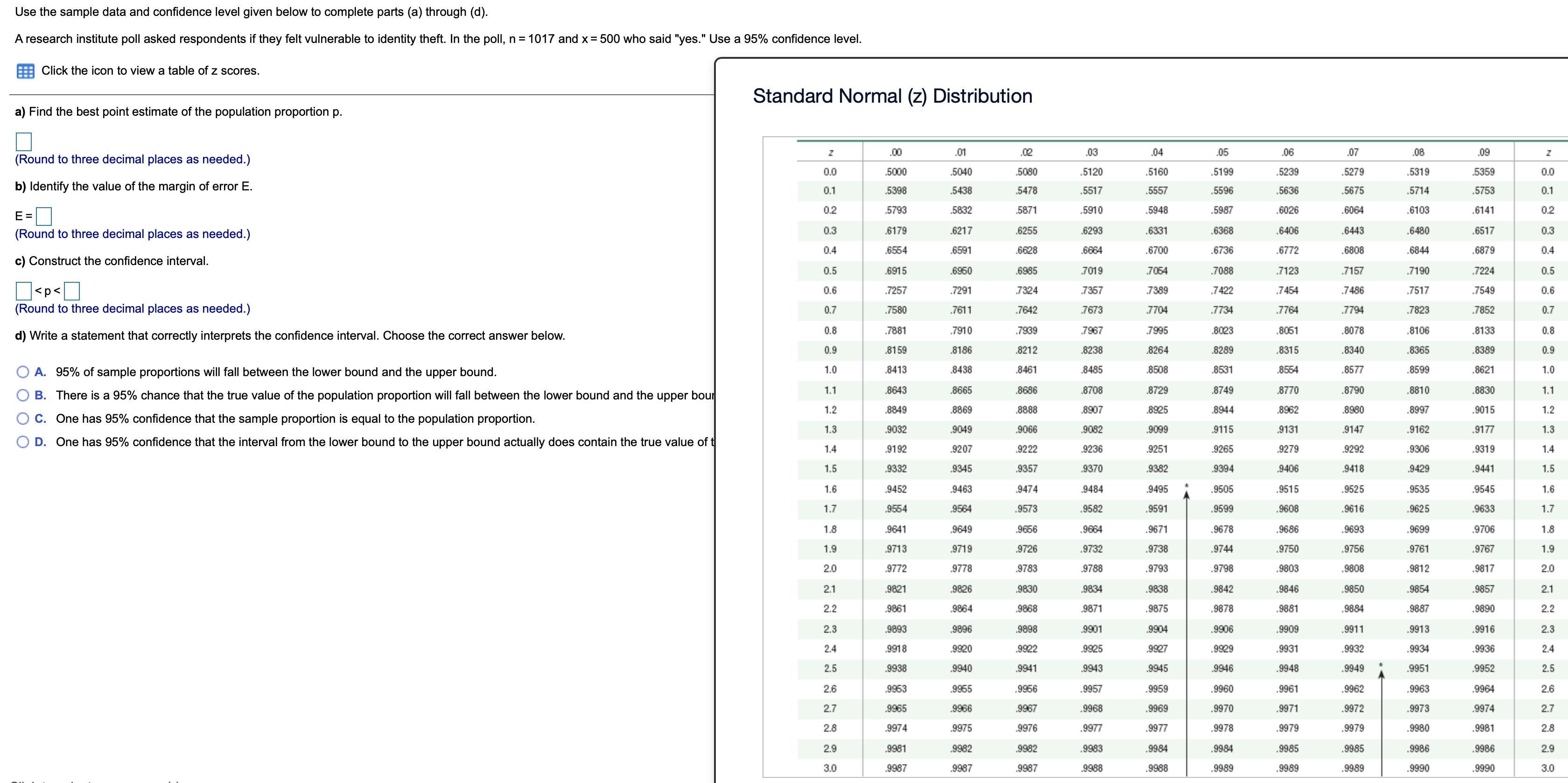  Use the sample data and confidence level given below to complete