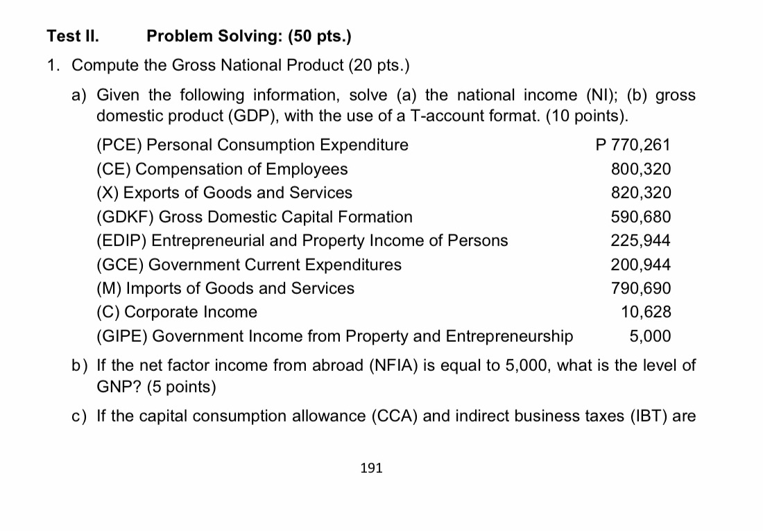 Module IV: Measuring The Macroeconomy Test II. Problem Solving: (50 pts.) 1.