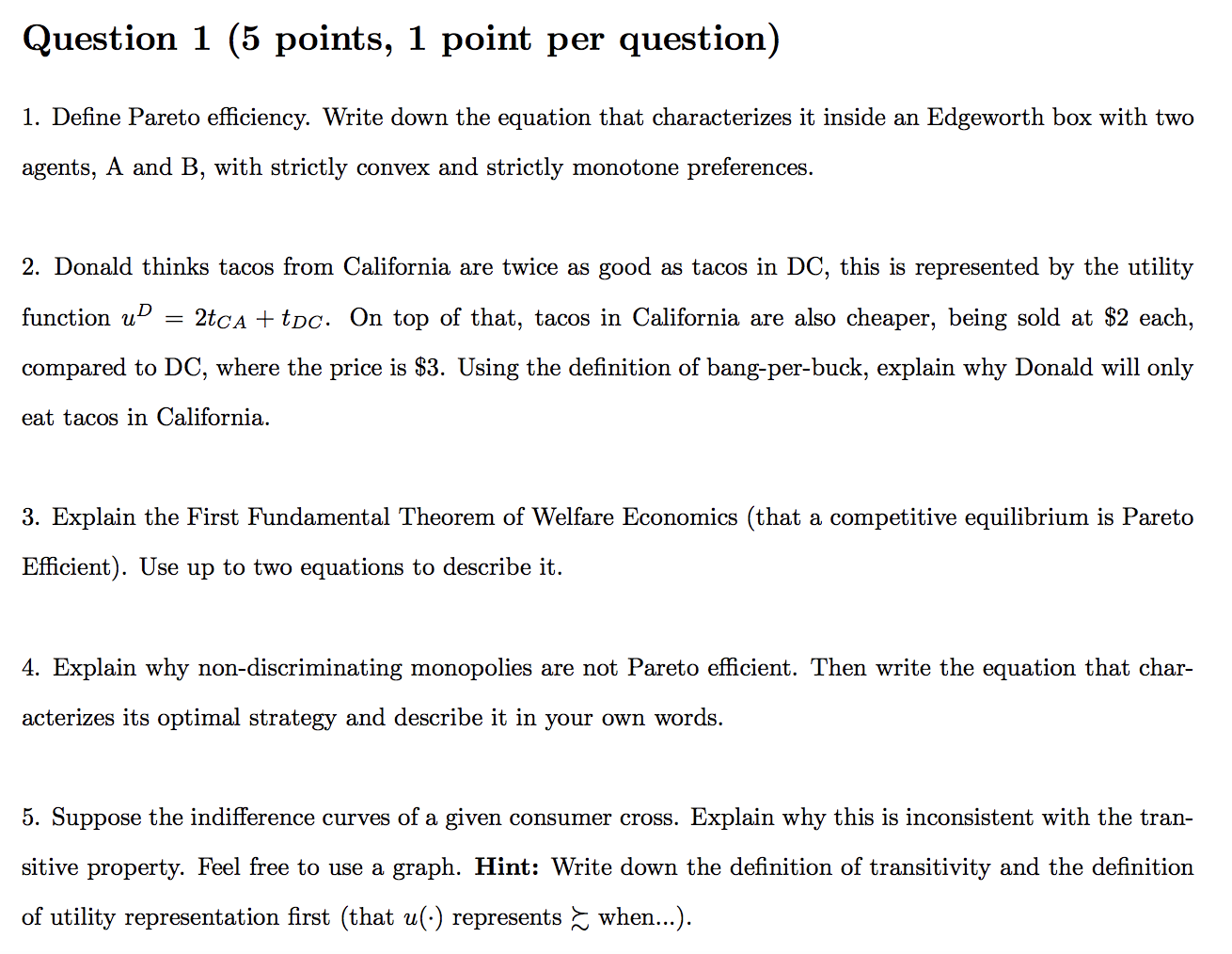 please answer asap Question 1 (5 points, 1 point per question) 1.