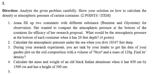  I. Direction: Analyze the given problem carefully. Show your solution on