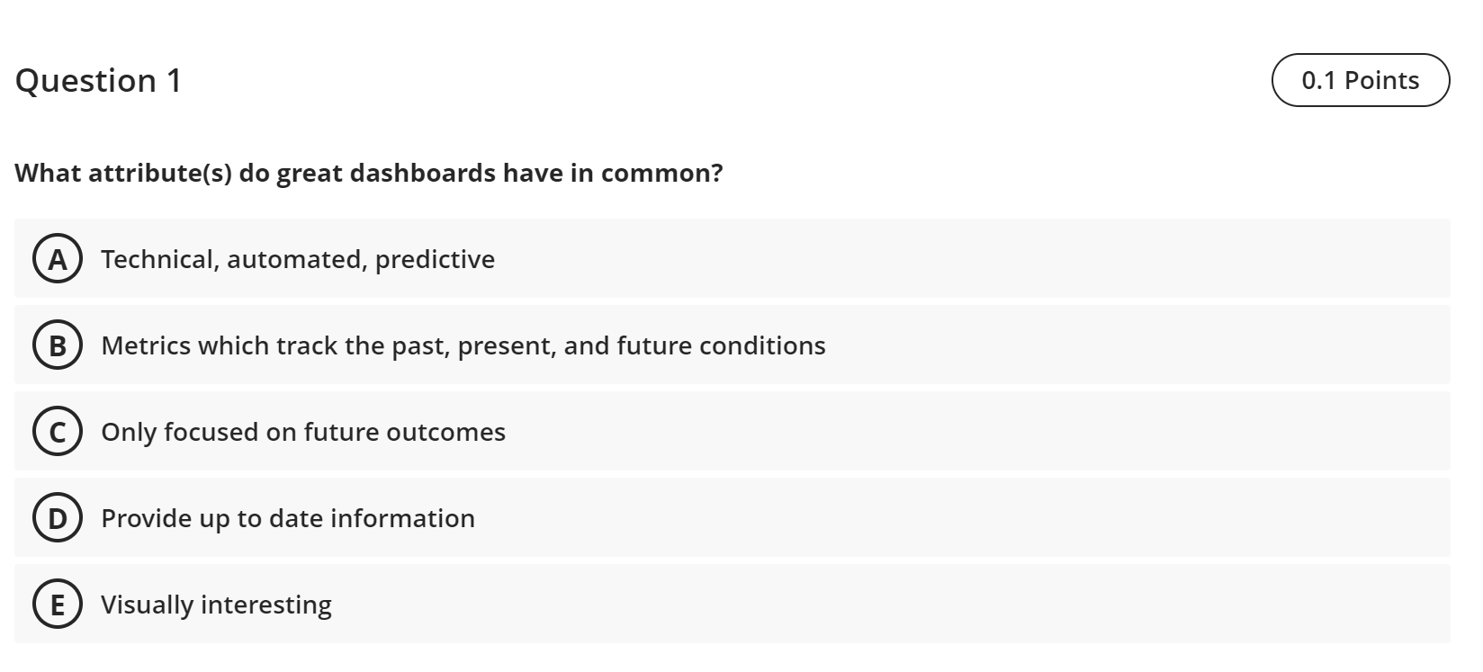  Question 1 0.1 Points What attribute(s) do great dashboards have in