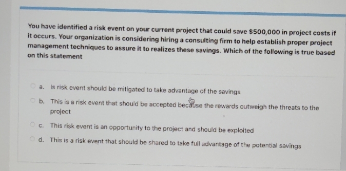 You have identified a risk event on your current project that