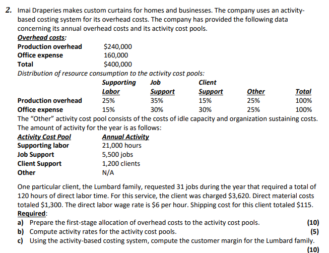 Check the question shared as a picture below 2. Imai Draperies makes