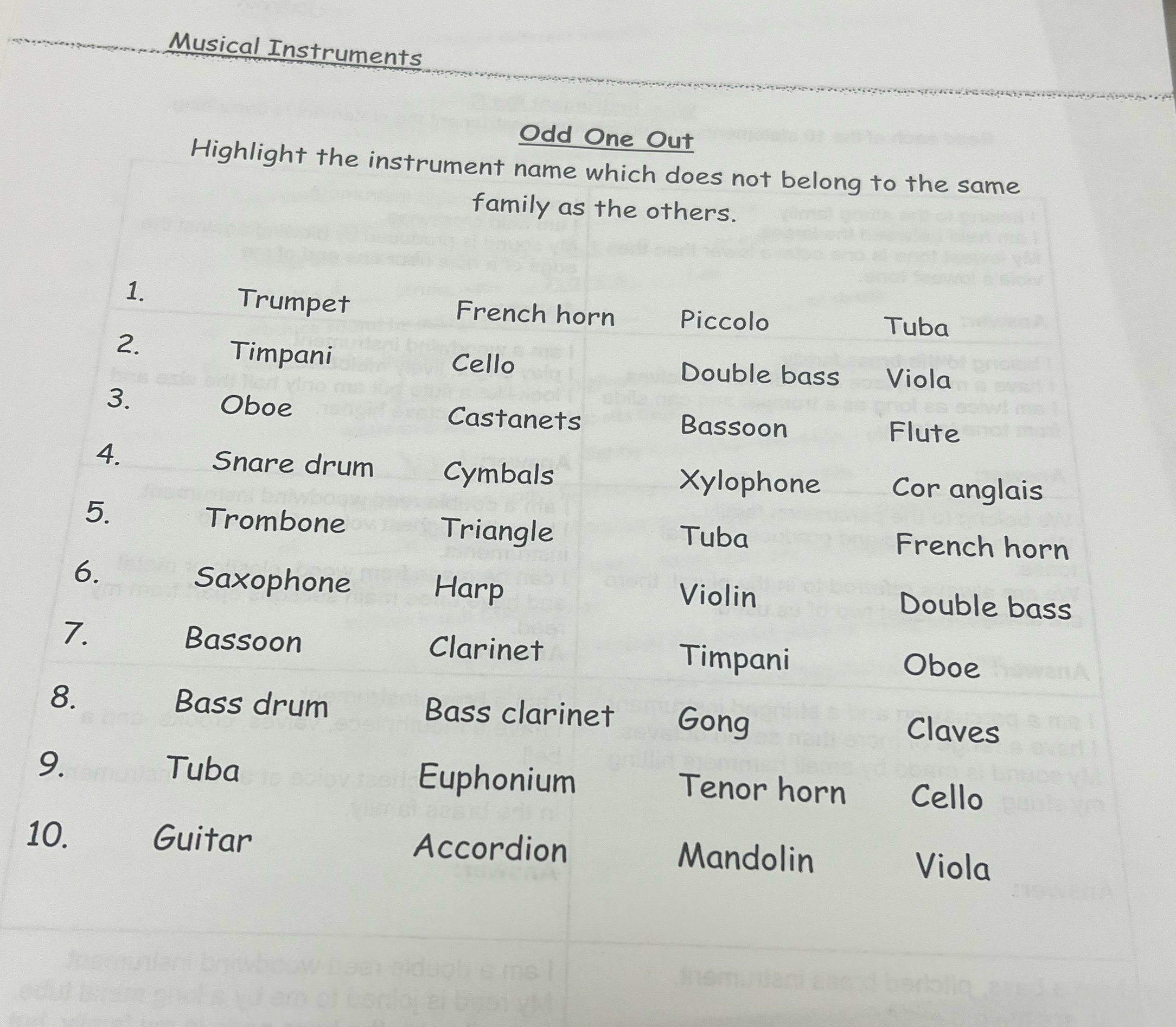 Musical Instruments Odd One Out Highlight the instrument name which does