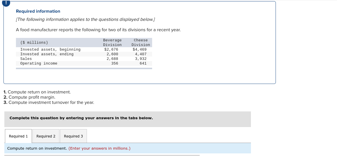 1.Compute return on investment.2.Compute profit margin.3.Compute investment turnover for the year. Required