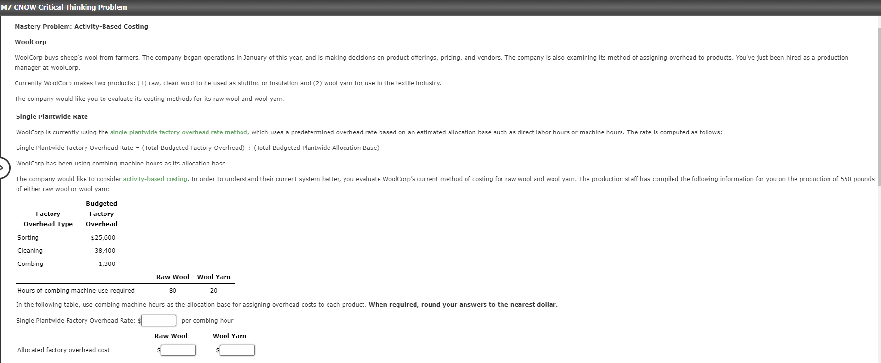 M7 CNOW Critical Thinking Problem Mastery Problem: Activity-Based Costing WoolCorp WoolCorp