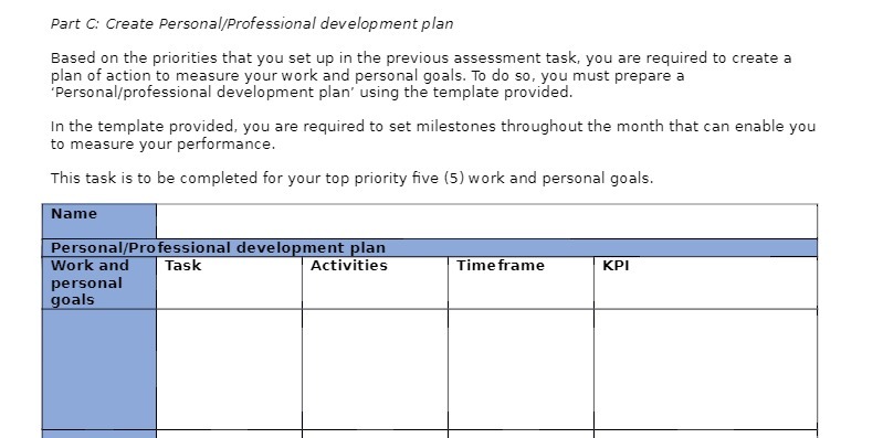 Part C Create Personal/Professional development plan Based on the priorities that