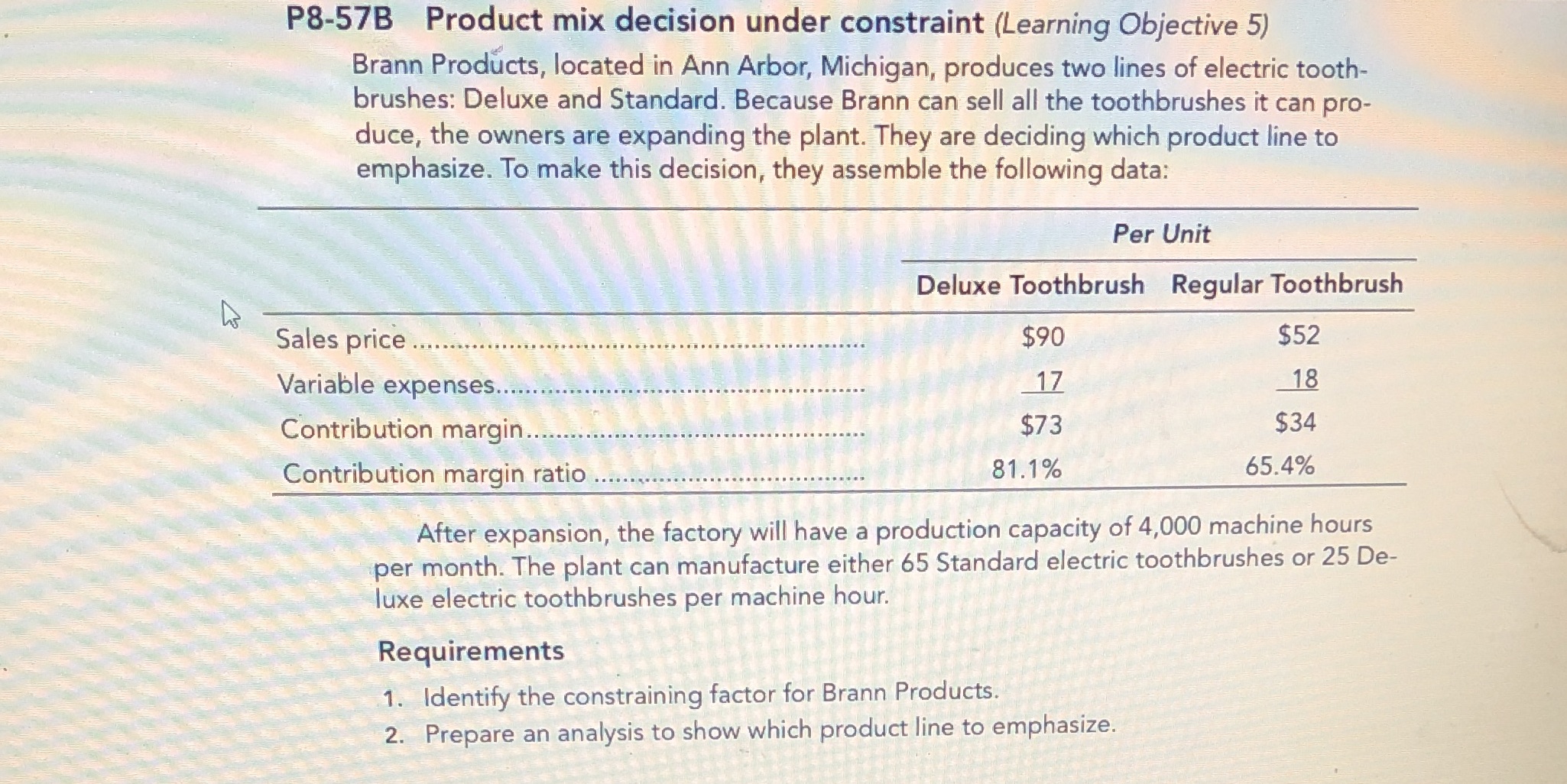  P8-57B Product mix decision under constraint (Learning Objective 5) Brann Products,