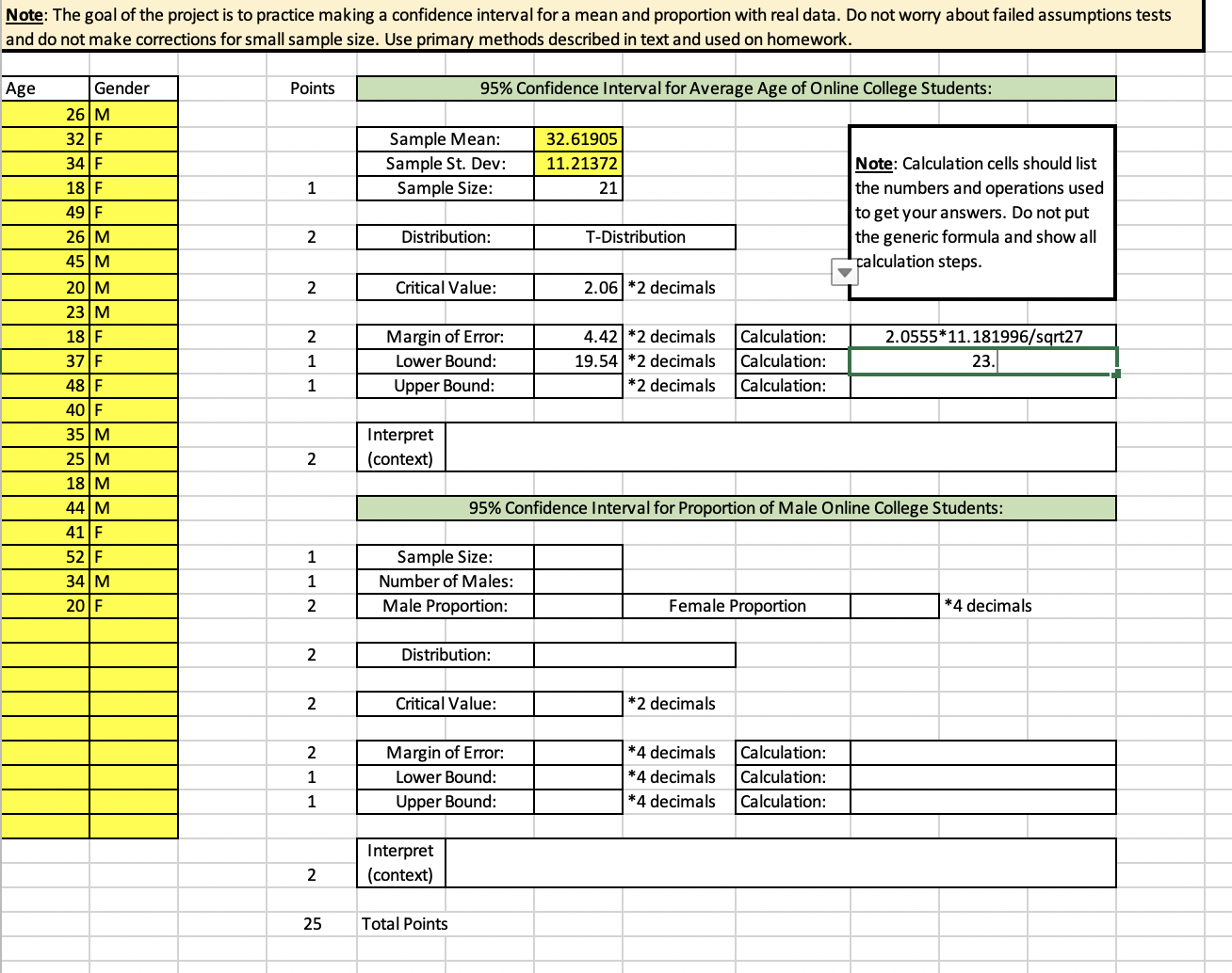 For the average age, form a 95% confidence interval:What distribution should be