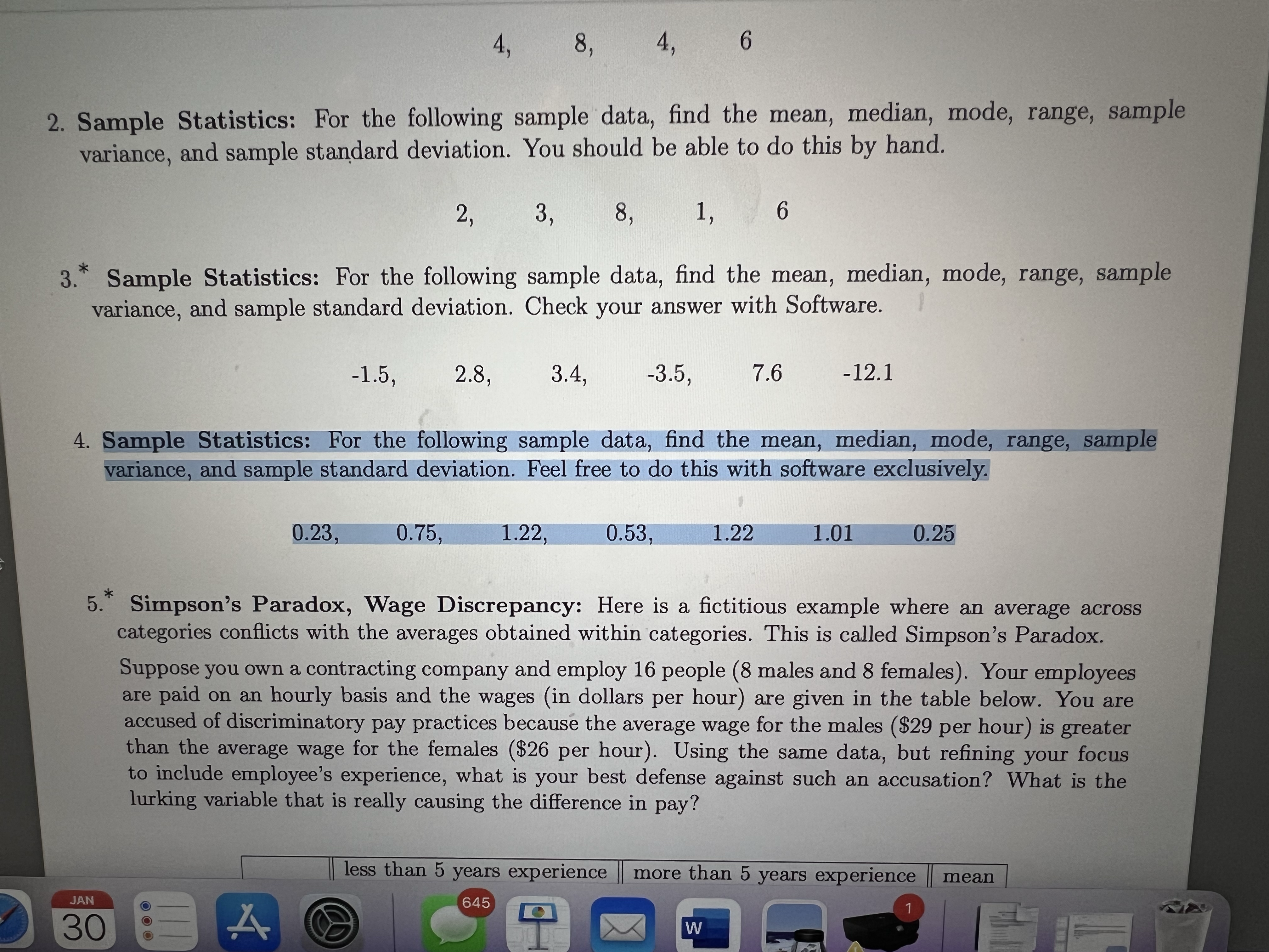  4, 8, 4, 6 2. Sample Statistics: For the following sample