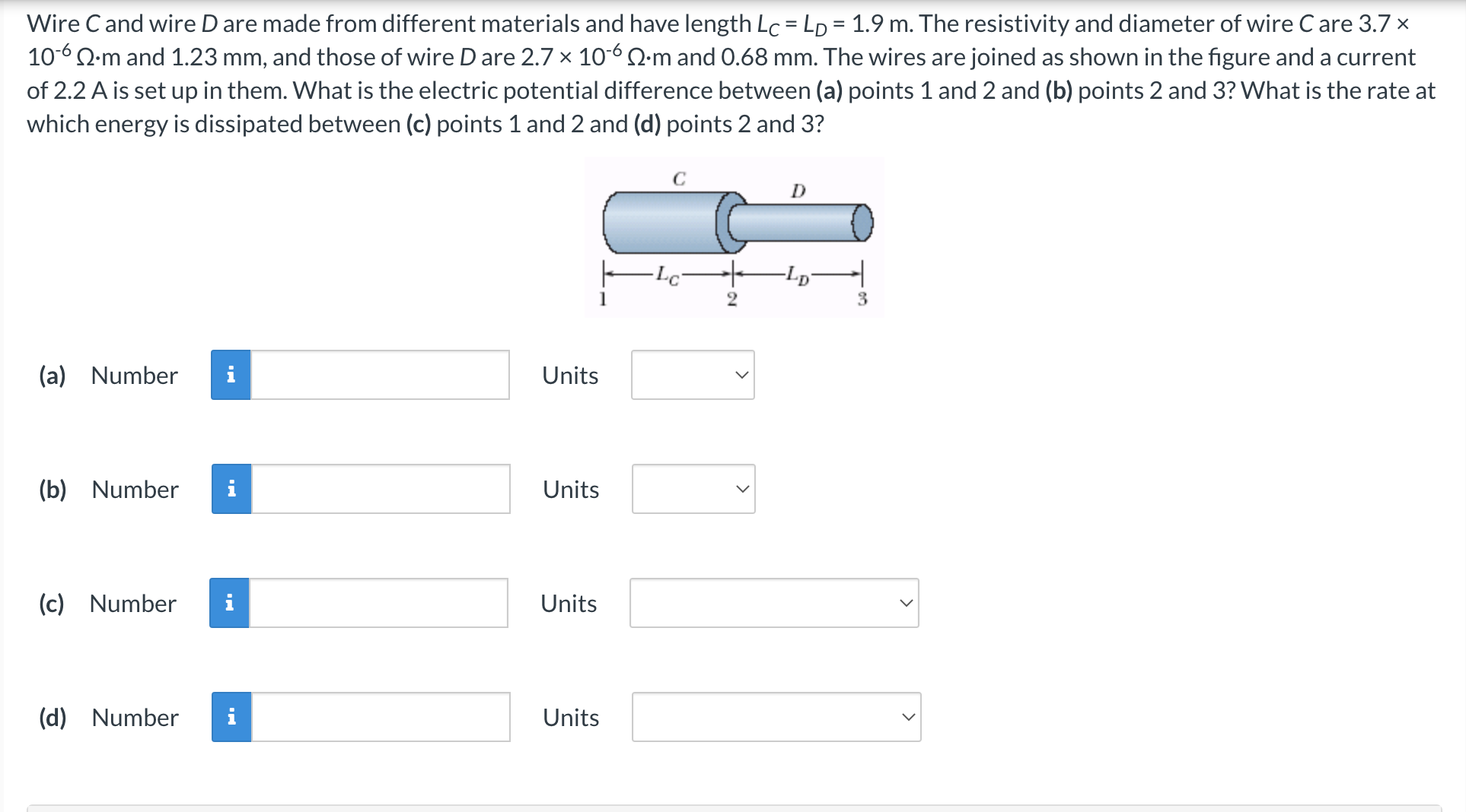 Wire C and wire D are made from different materials and have