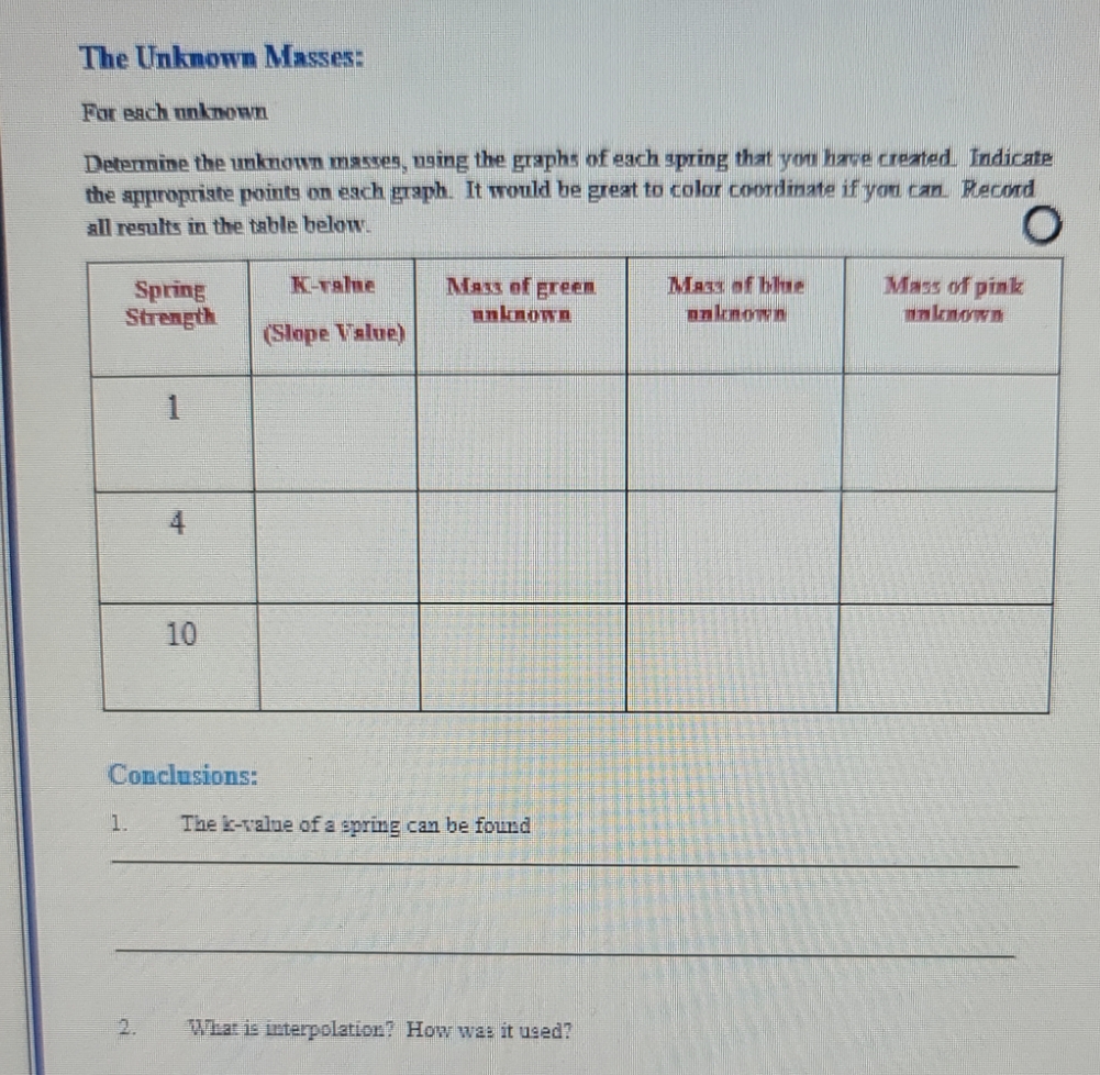  The Unknown Masses: For each unknown Determine the unknown masses, using
