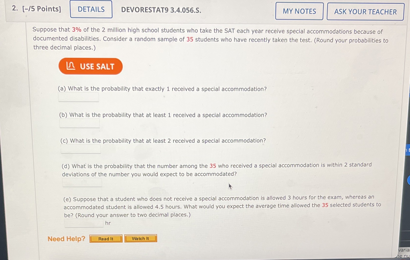  2. [-/5 Points] DETAILS DEVORESTAT9 3.4.056.S. MY NOTES ASK YOUR TEACHER