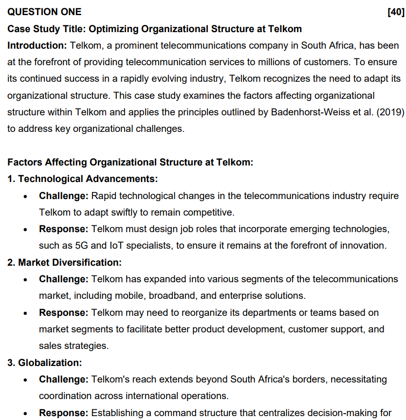  QUESTION ONE [40] Case Study Title: Optimizing Organizational Structure at Telkom