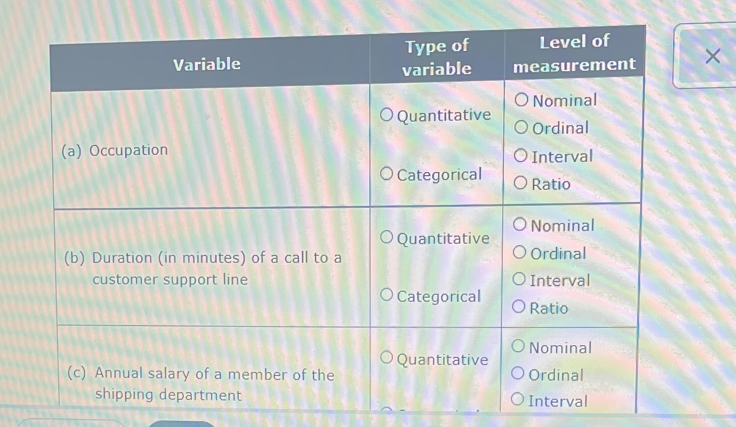 Variable Type of Level of Variable X variable measurement O Nominal O
