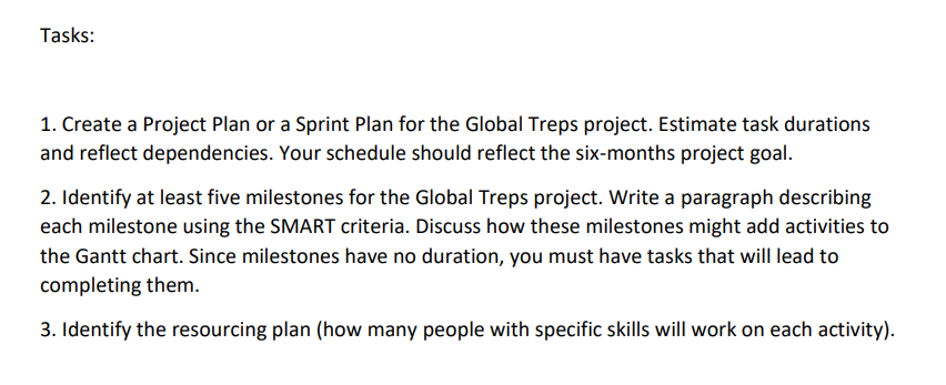  Tasks: 1. Create a Project Plan or a Sprint Plan for