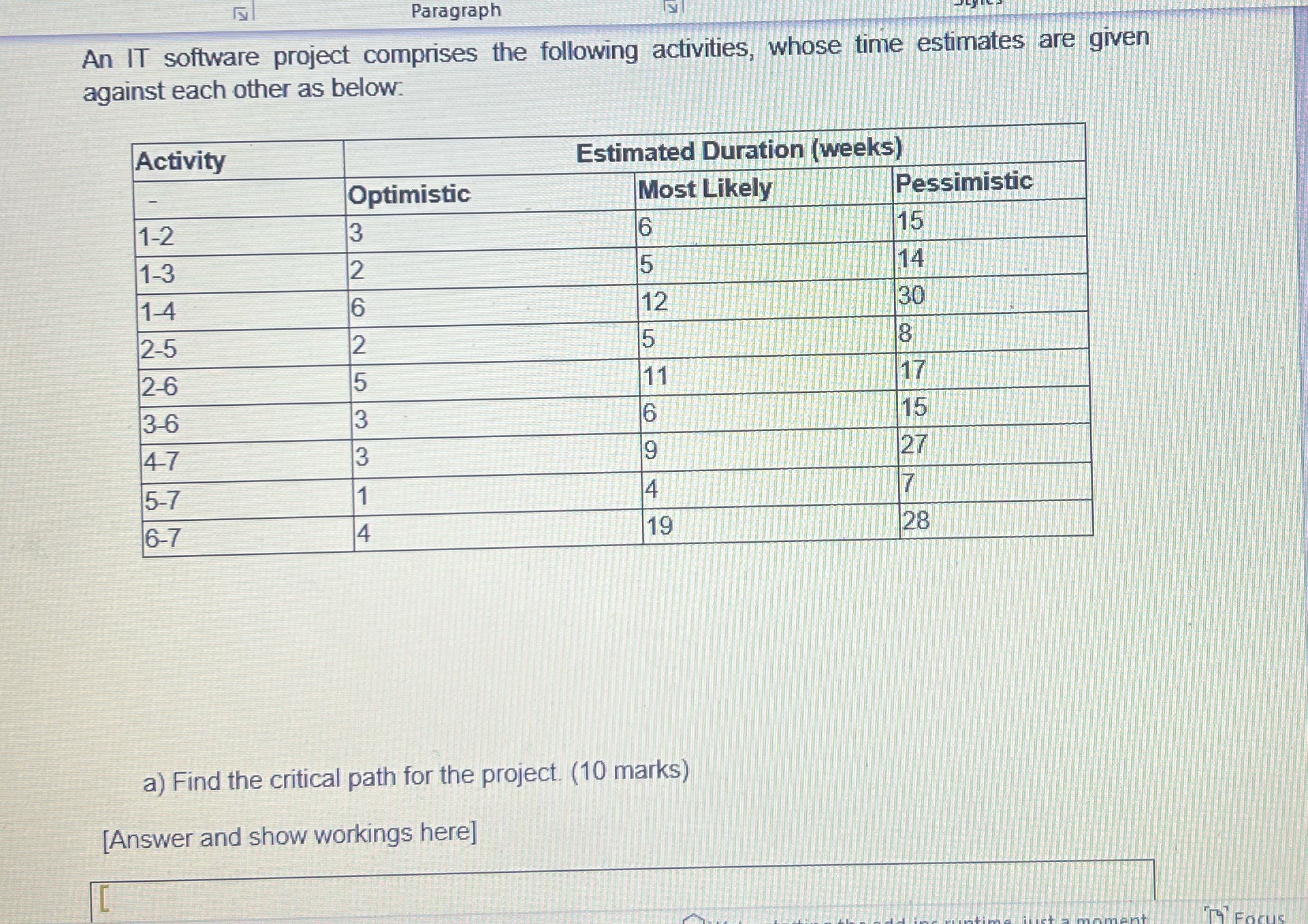 Paragraph INI An IT software project comprises the following activities, whose