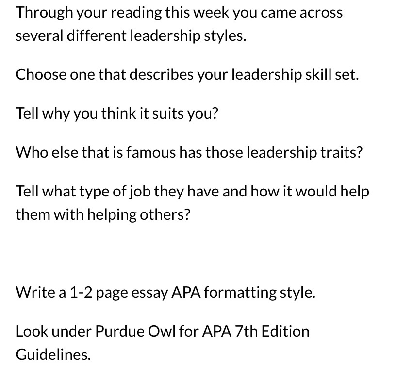  Through your reading this week you came across several different leadership