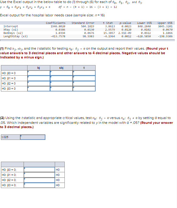 Use the Excel output in the below table to do (1)