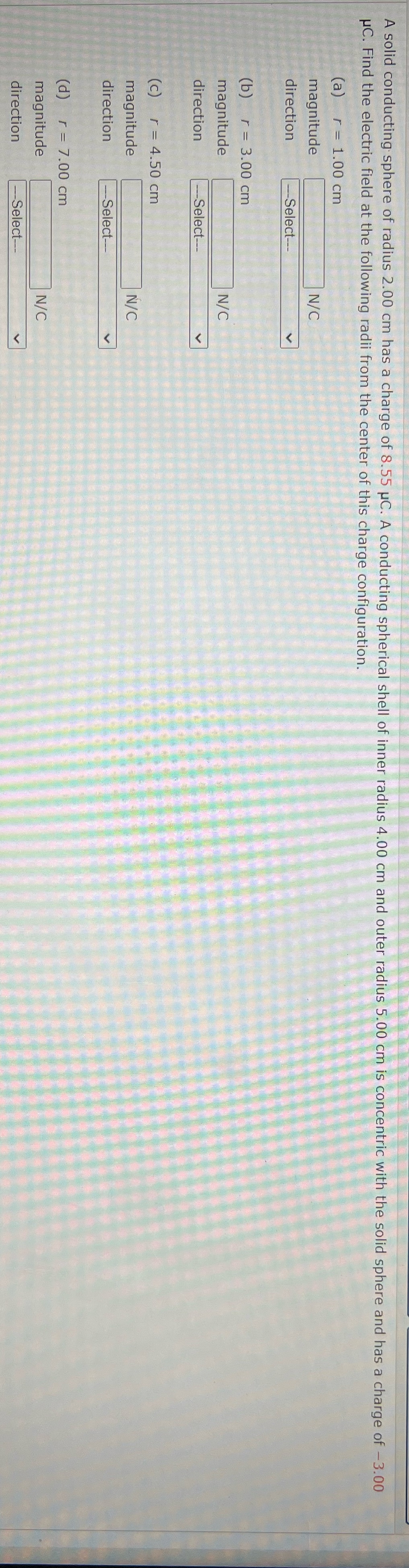  A solid conducting sphere of radius 2.00 cm has a charge