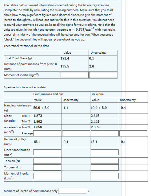 The tables below present information collected during the laboratory exercise.Complete the table
