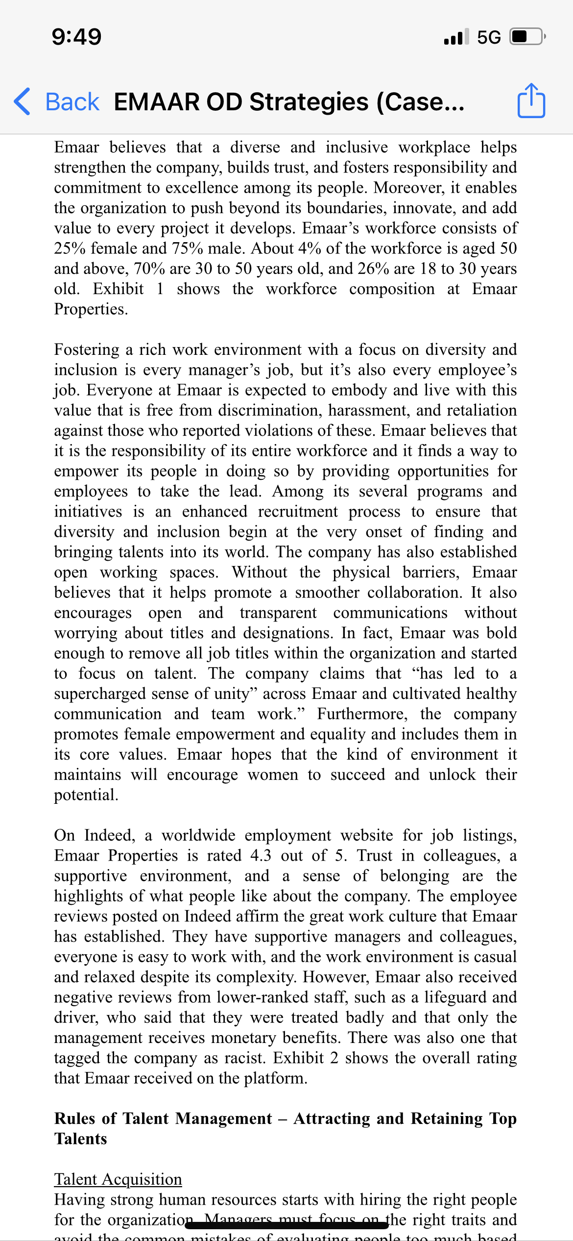 the organization's post-pandemic operation. 9:50 1 5G Back EMAAR OD Strategies (Case...