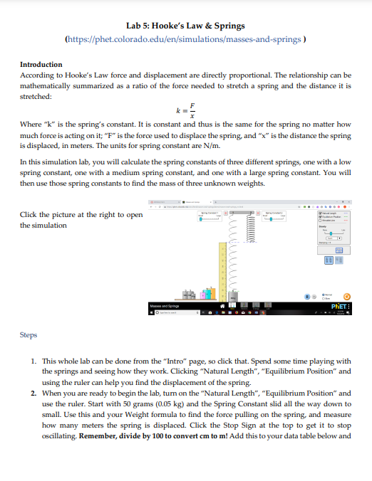 Lab 5: Hooke's Law & Springs (https://phet.colorado.edu/en/simulations/masses-and-springs ) Introduction According to