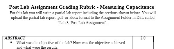 Post Lab Assignment Grading Rubric - Measuring Capacitance For this lab